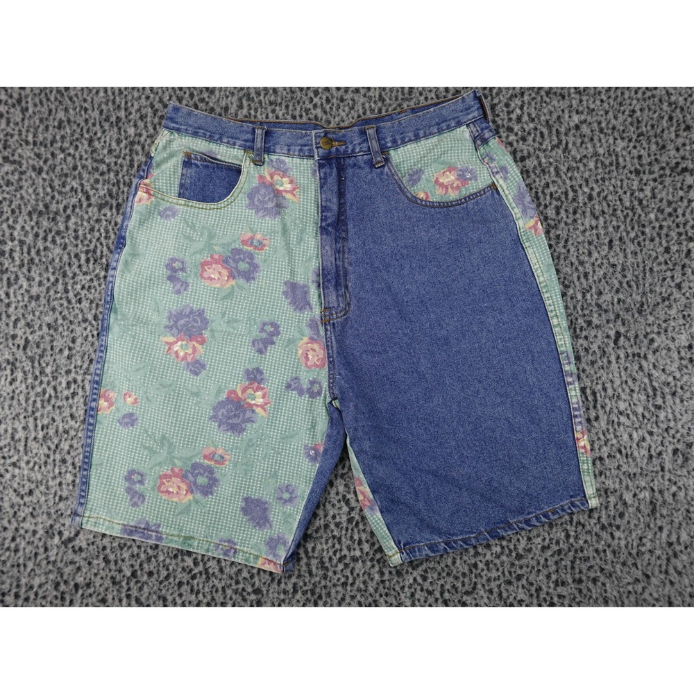 Stefano Denim Shorts Womens 20 Blue Good Floral Gingham Split Panel High Rise
